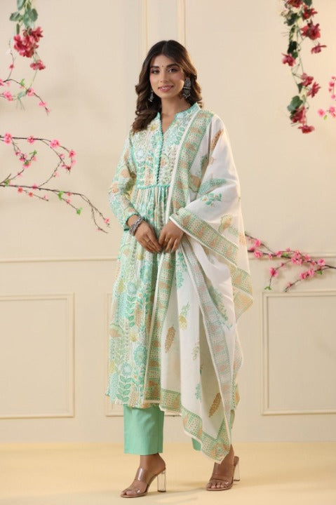 Lime Digital Print Mulmul Cotton Anarkali Kurti With Pant And Dupatta