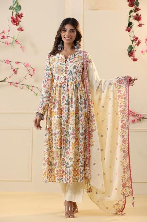 Cream Digital Print Mulmul Cotton Anarkali Kurti With Mulmul Pant And Dupatta