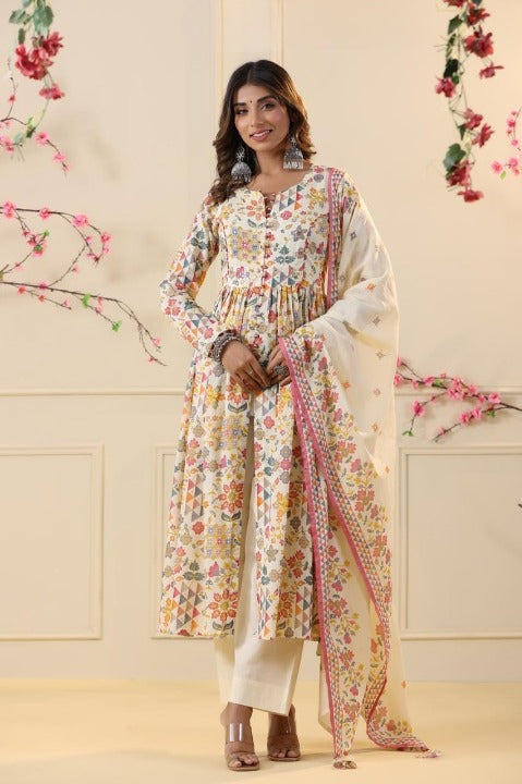 Cream Digital Print Mulmul Cotton Anarkali Kurti With Mulmul Pant And Dupatta