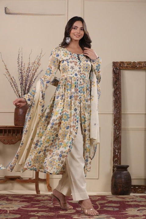 Beige Digital Print Mulmul Cotton Anarkali Kurti With Mulmul Pant And Dupatta