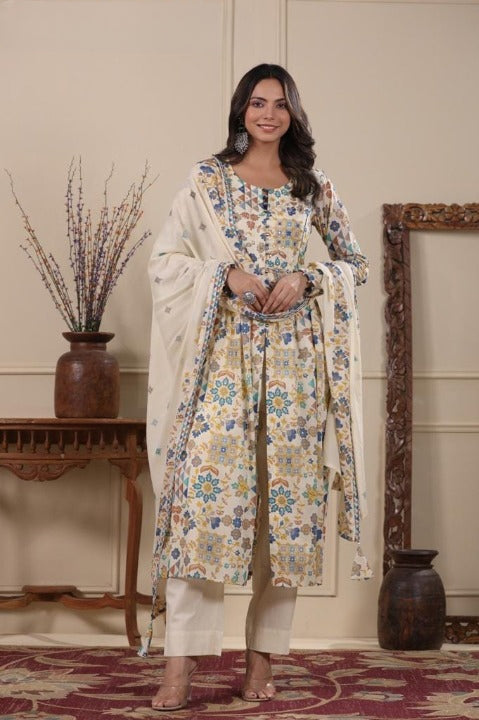 Beige Digital Print Mulmul Cotton Anarkali Kurti With Mulmul Pant And Dupatta