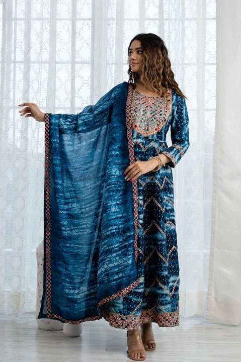 Ocean Blue Digital Print Three Piece Embroidery work Anaarkali Set With Pant and Dupatta