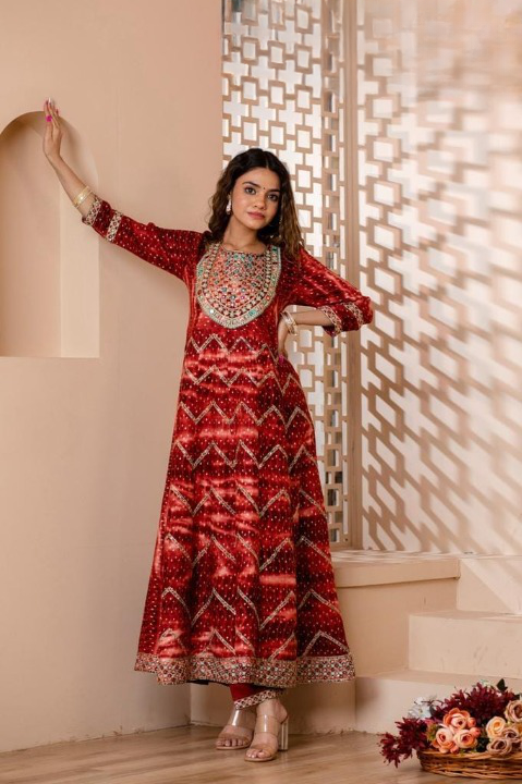 Deep Red Digital Print Three Piece Embroidery work Anaarkali Set With Pant and Dupatta