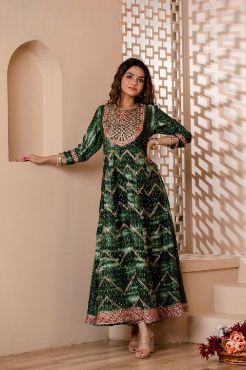 Forest Green Digital Print Three Piece Embroidery work Anaarkali Set With Pant and Dupatta