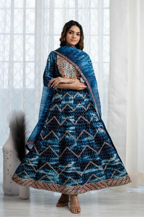 Ocean Blue Digital Print Three Piece Embroidery work Anaarkali Set With Pant and Dupatta