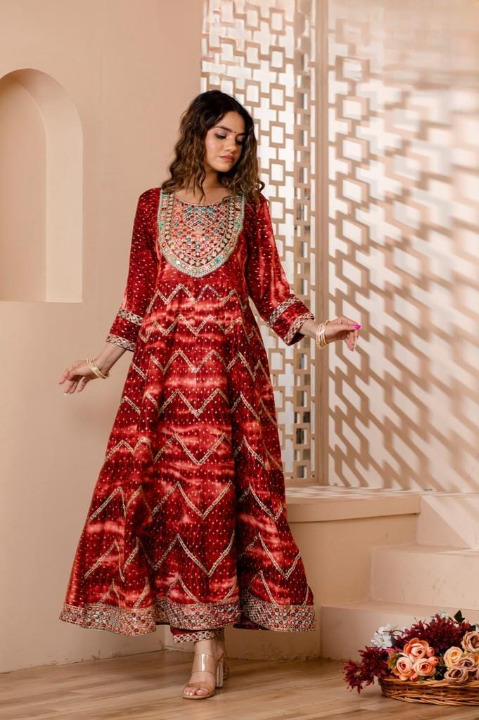 Deep Red Digital Print Three Piece Embroidery work Anaarkali Set With Pant and Dupatta