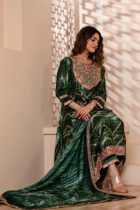 Forest Green Digital Print Three Piece Embroidery work Anaarkali Set With Pant and Dupatta
