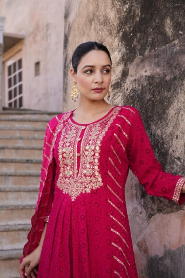 Deep Red Schiffili Embroidered Three Piece Anarkali Set