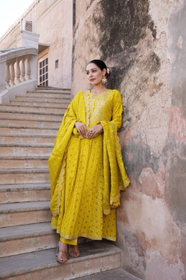 Cadmium Yellow Schiffili Embroidered Three Piece Anarkali Set