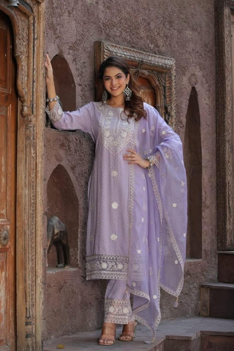 Lavender Nyra Cut Rayon Side Slit Kurti Set With Embroidered Pant and Organza Dupatta