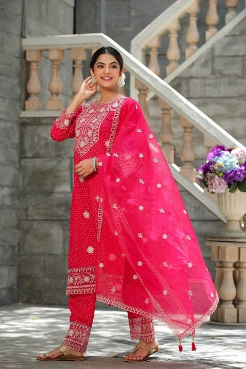 Berry Pink Nyra Cut Rayon Side Slit Kurti Set With Embroidered Pant and Organza Dupatta
