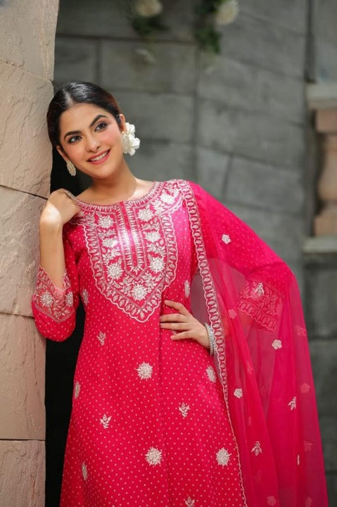 Berry Pink Nyra Cut Rayon Side Slit Kurti Set With Embroidered Pant and Organza Dupatta