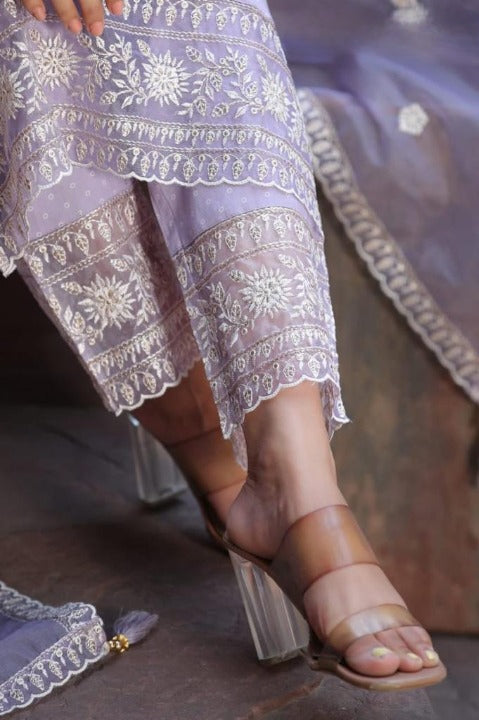 Lavender Nyra Cut Rayon Side Slit Kurti Set With Embroidered Pant and Organza Dupatta