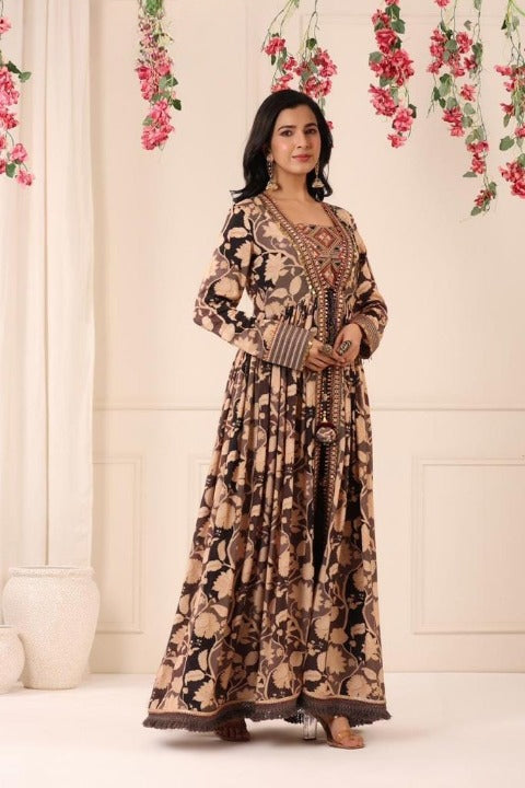 Coffee Brown Three Piece Full Sleeve Pure Muslin Anarkali Gown Set With Muslin Pant And Designer Muslin Top
