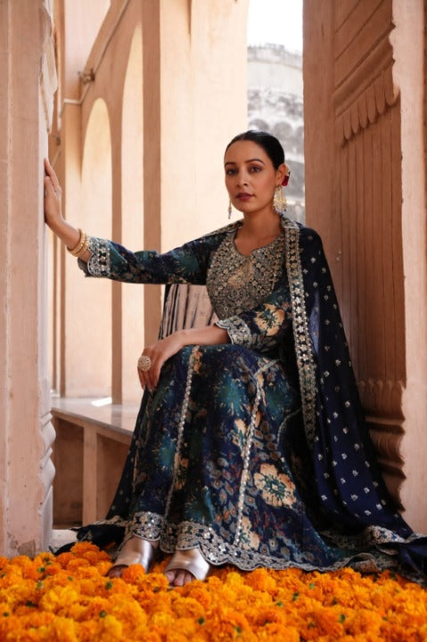 Navy Blue Three Piece Embroidered Anarkali Set