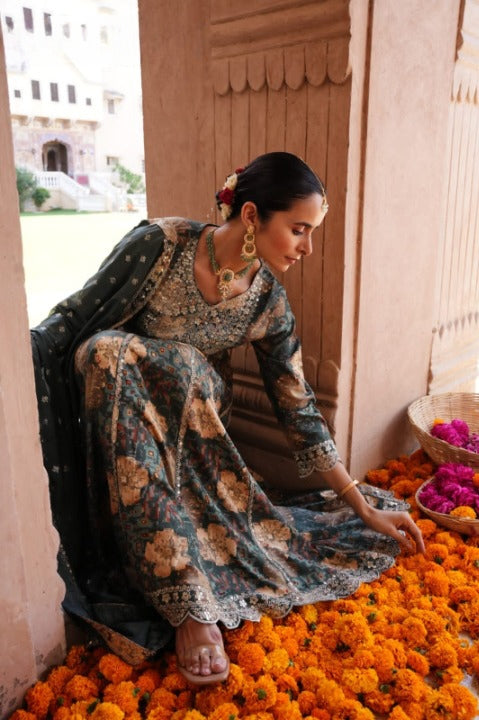 Grey Green Three Piece Embroidered Anarkali Set