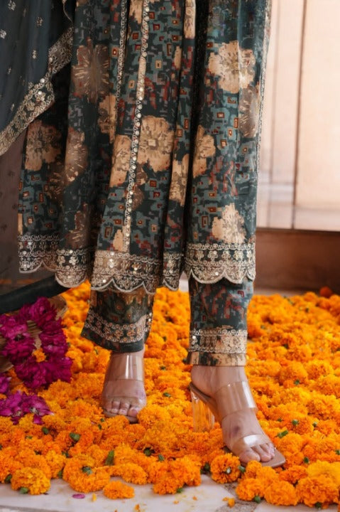 Grey Green Three Piece Embroidered Anarkali Set