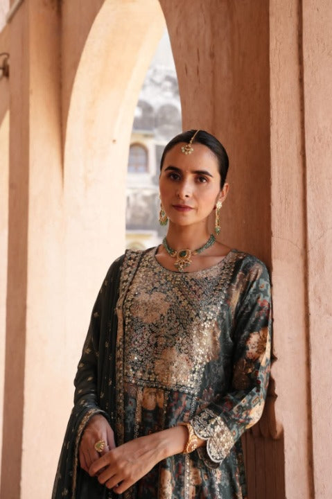 Grey Green Three Piece Embroidered Anarkali Set