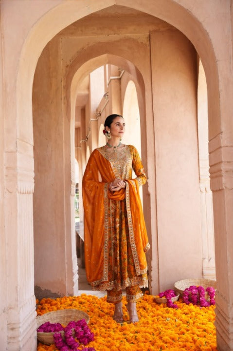 Marigold Orange Rayon Embroidered Anarkali Kurti Pant Set With Dupatta