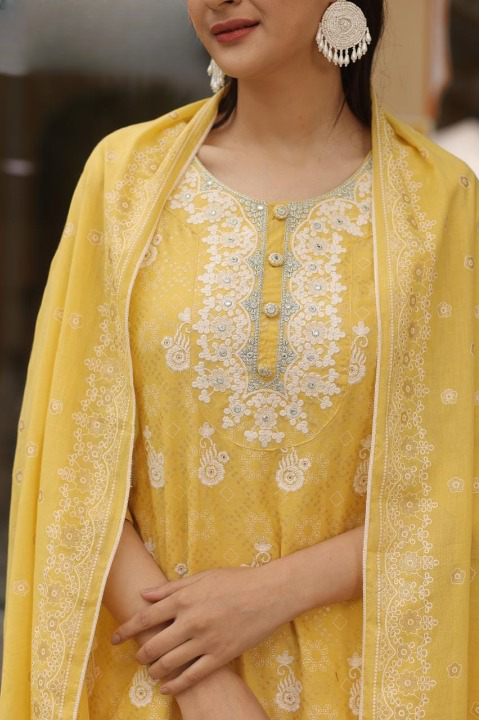Yellow Beautiful Designer Embroidery Cotton Kurti Suit Set With Pant And Dupatta