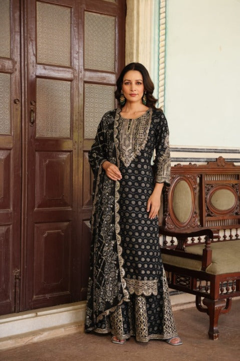 Black Designer Side Slit Embroidered Sharara Set With Dupatta