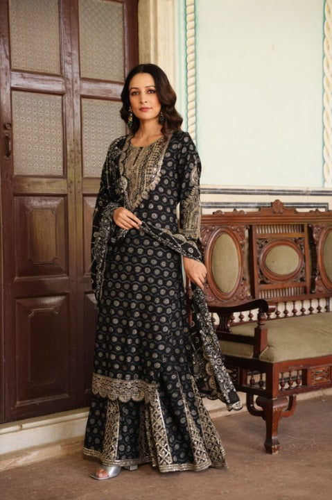 Black Designer Side Slit Embroidered Sharara Set With Dupatta