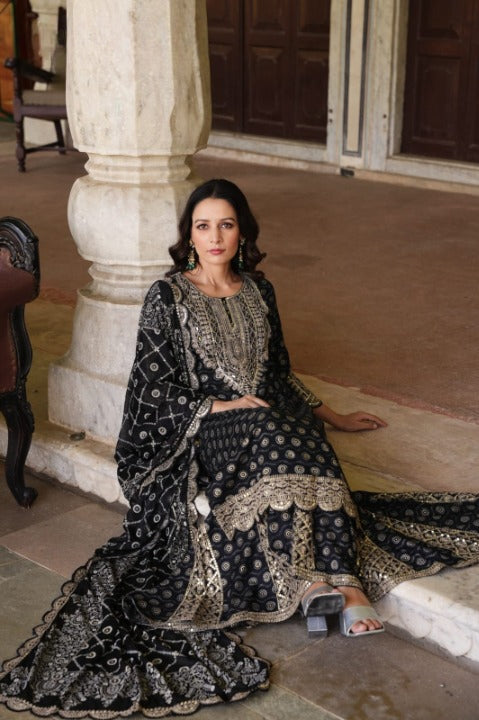 Black Designer Side Slit Embroidered Sharara Set With Dupatta