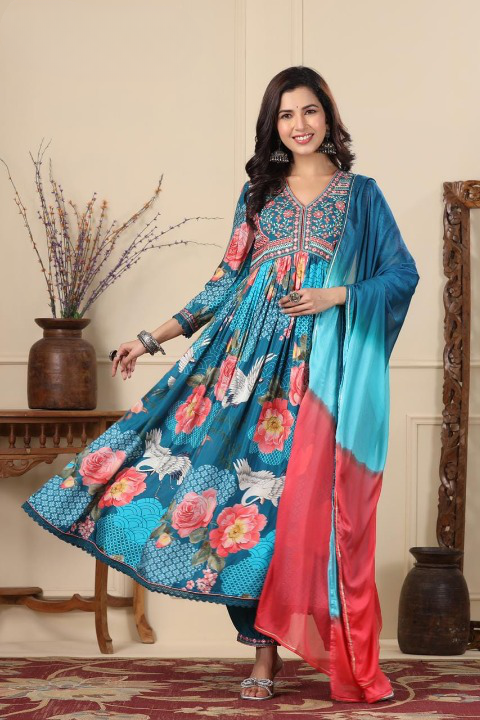 Blue Floral Print Muslin Anarkali Suit Set With Multicolour Dupatta