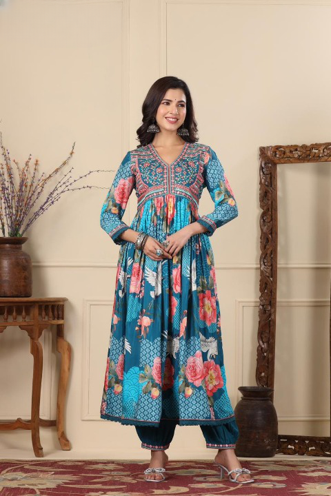 Blue Floral Print Muslin Anarkali Suit Set With Multicolour Dupatta