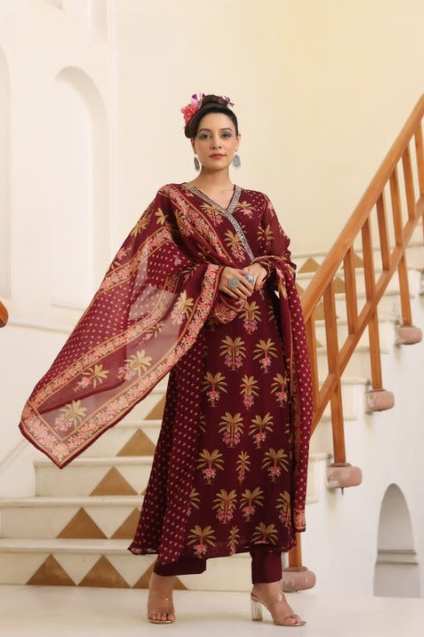 Maroon Chinnon Angrakha Patterned Anarkali Kurti Pant Set With Dupatta