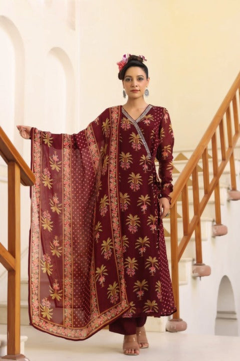 Maroon Chinnon Angrakha Patterned Anarkali Kurti Pant Set With Dupatta