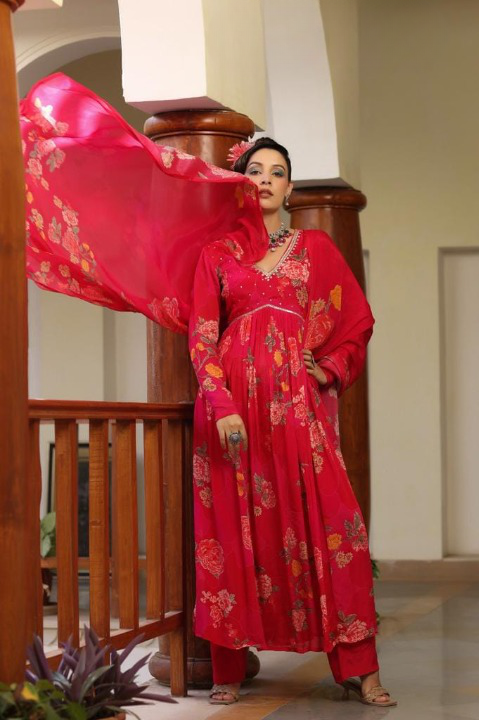Fuschia Pink Floral Print Chinon Anarkali Suit Set With Printed Dupatta