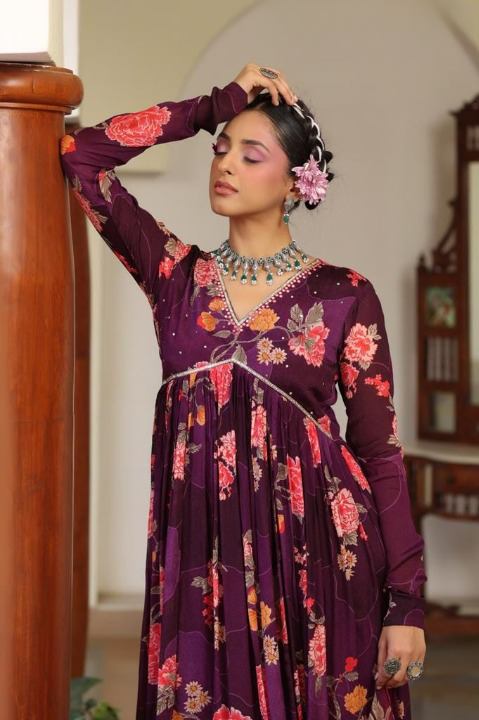 Magenta Floral Print Chinon Anarkali Suit Set With Printed Dupatta