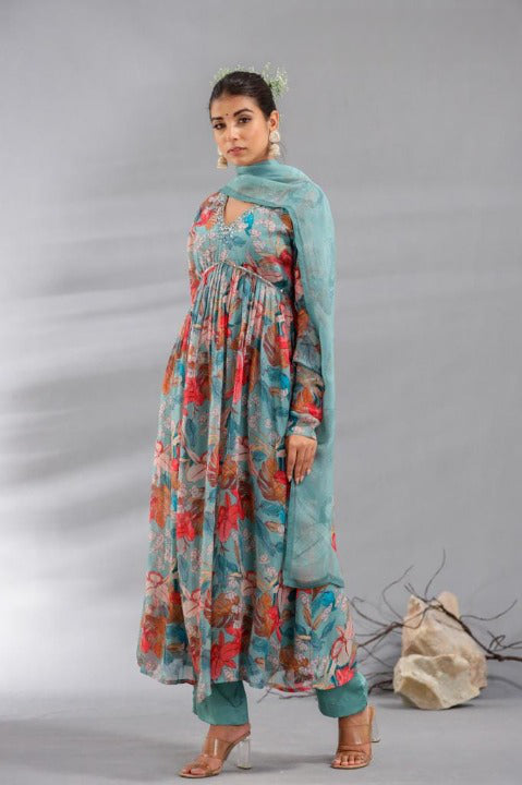Turquoise Digital Floral Print Organza Anarkali Kurti Pant Set With Dupatta