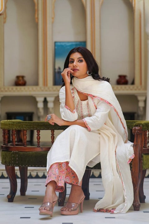 Cream Cotton Embroidered Kurti Pant Set With Chiffon Dupatta