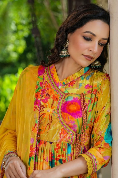 Mustard Angarakha Patterned Anarkali Kurti Set With Chinnon Dupatta