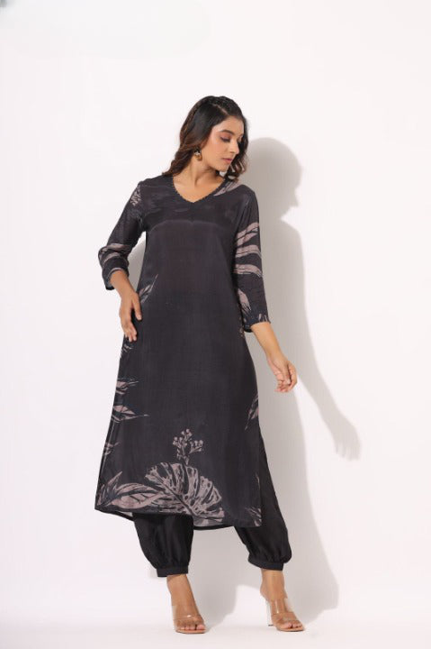 Black Designer Digital Print Pure Muslin Two Piece Co-ord Set Paired With Afghani Pant