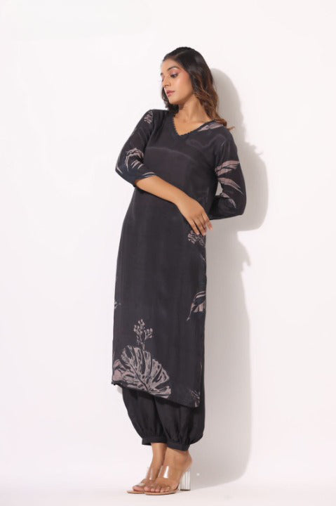Black Designer Digital Print Pure Muslin Two Piece Co-ord Set Paired With Afghani Pant
