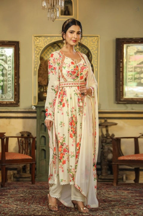 Cream Beautiful Full Flair Chinnon Three Piece Anarkali Kurti Set With Chiffon Dupatta