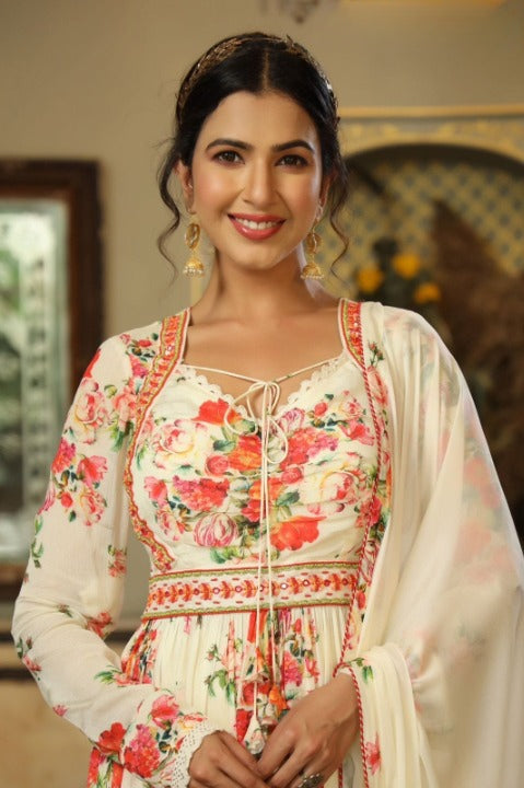 Cream Beautiful Full Flair Chinnon Three Piece Anarkali Kurti Set With Chiffon Dupatta