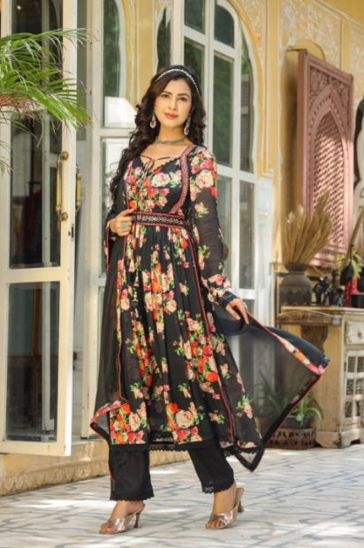 Black Beautiful Full Flair Chinnon Three Piece Anarkali Kurti Set With Chiffon Dupatta