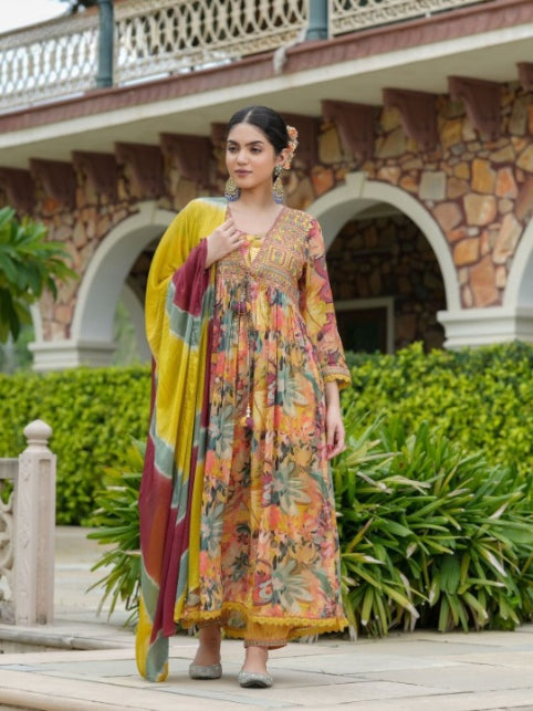 Yellow Full Flair Chinnon Three Piece Anarkali Kurti Set With Chiffon Dupatta