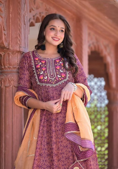 Wine Three Piece Anarkali Kurti Set With Organza Dupatta