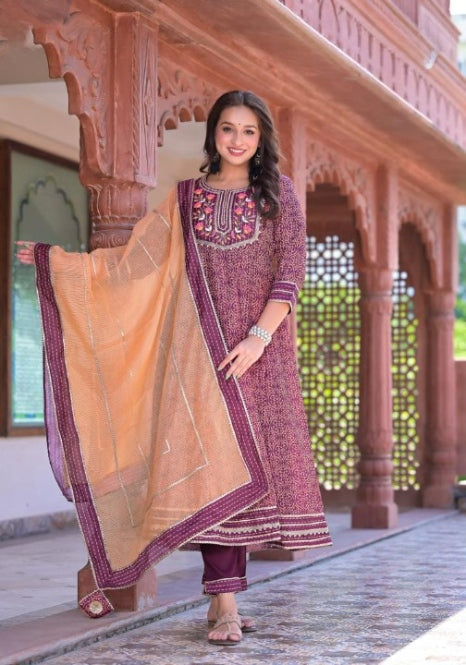 Wine Three Piece Anarkali Kurti Set With Organza Dupatta