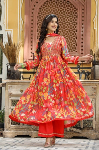 Orange Full Flair Chinnon Three Piece Anarkali Kurti Set