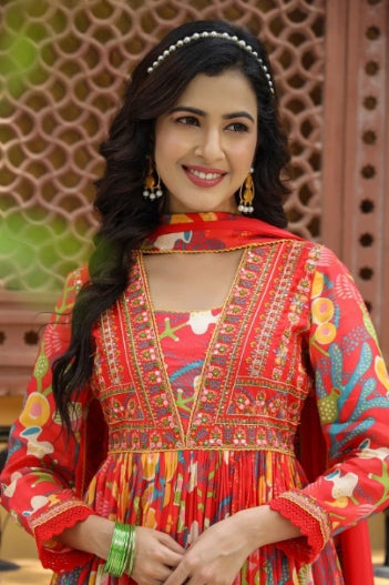 Orange Full Flair Chinnon Three Piece Anarkali Kurti Set