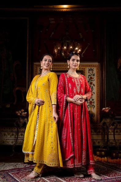 Bright Yellow Cotton Schiffili Embroidered Anarkali Kurti-Pant Set With Chiffon Dupatta