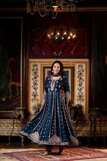 Royal Blue Cotton Schiffili Embroidered Anarkali Kurti-Pant Set With Chiffon Dupatta