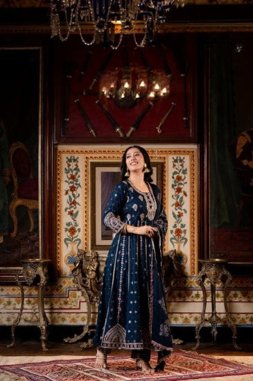 Royal Blue Cotton Schiffili Embroidered Anarkali Kurti-Pant Set With Chiffon Dupatta