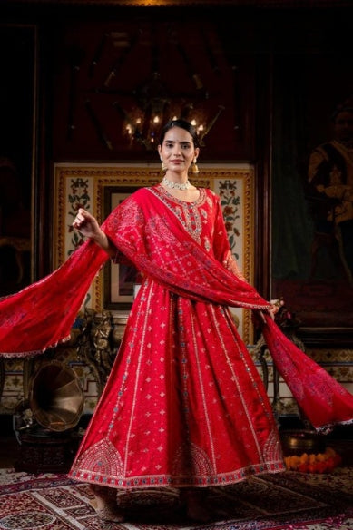 Deep Red Cotton Schiffili Embroidered Anarkali Kurti-Pant Set With Chiffon Dupatta